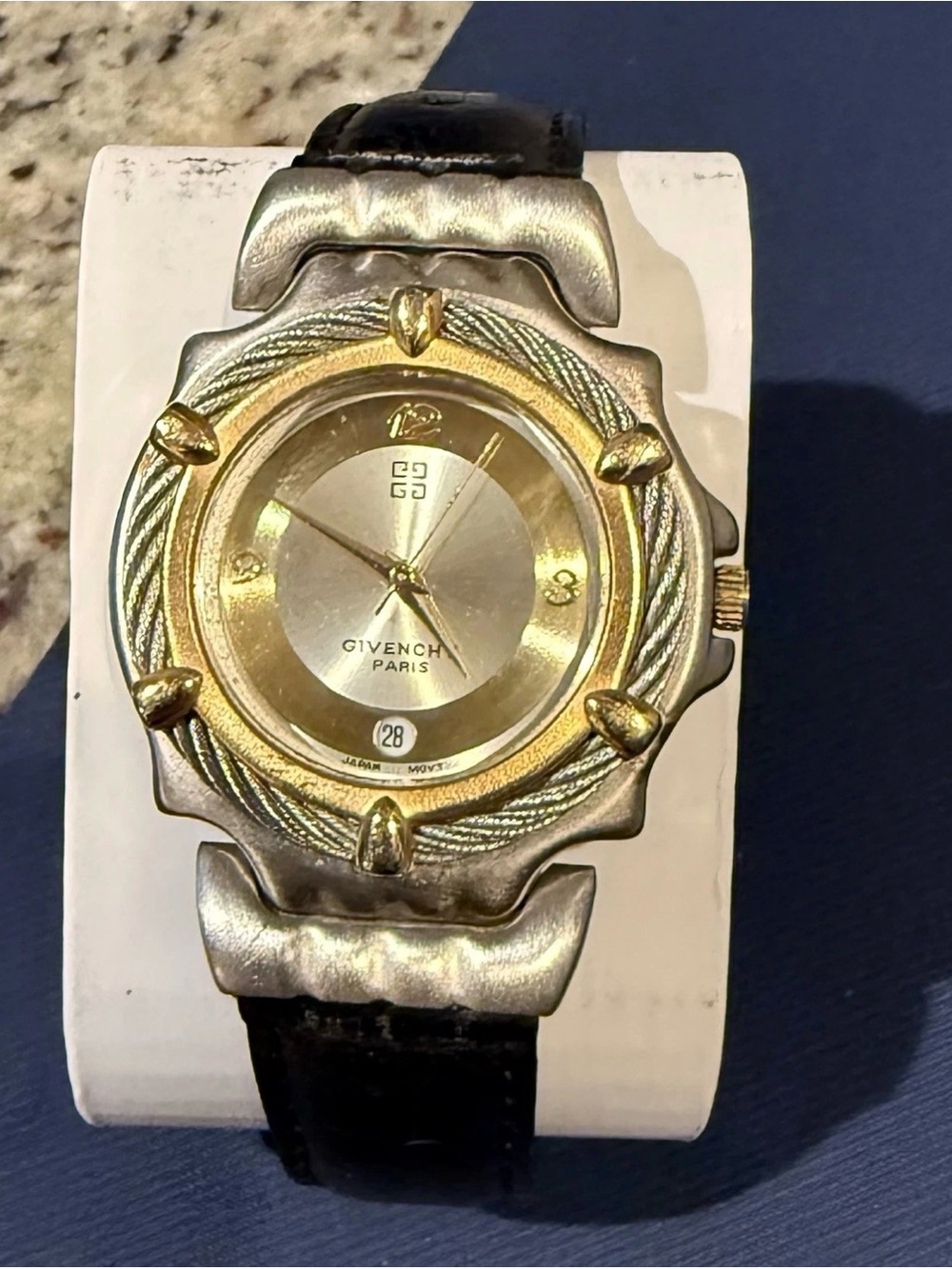 Vintage Givenchy Paris Two-Tone Gold and Silver Dial Watch with Black Leather